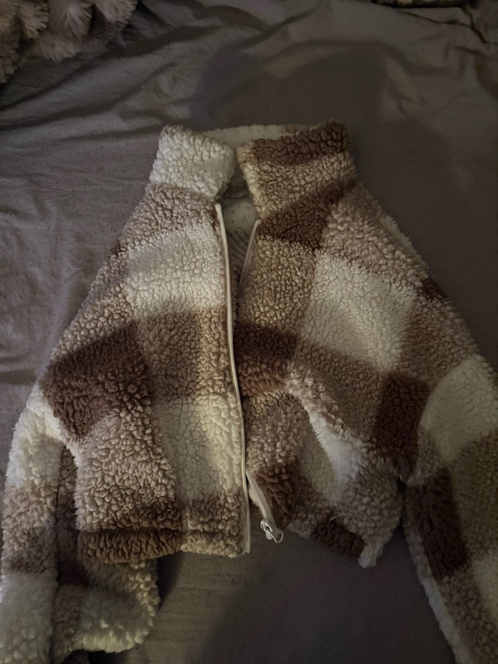 SHEIN Cream and Brown Sherpa Check Jacket